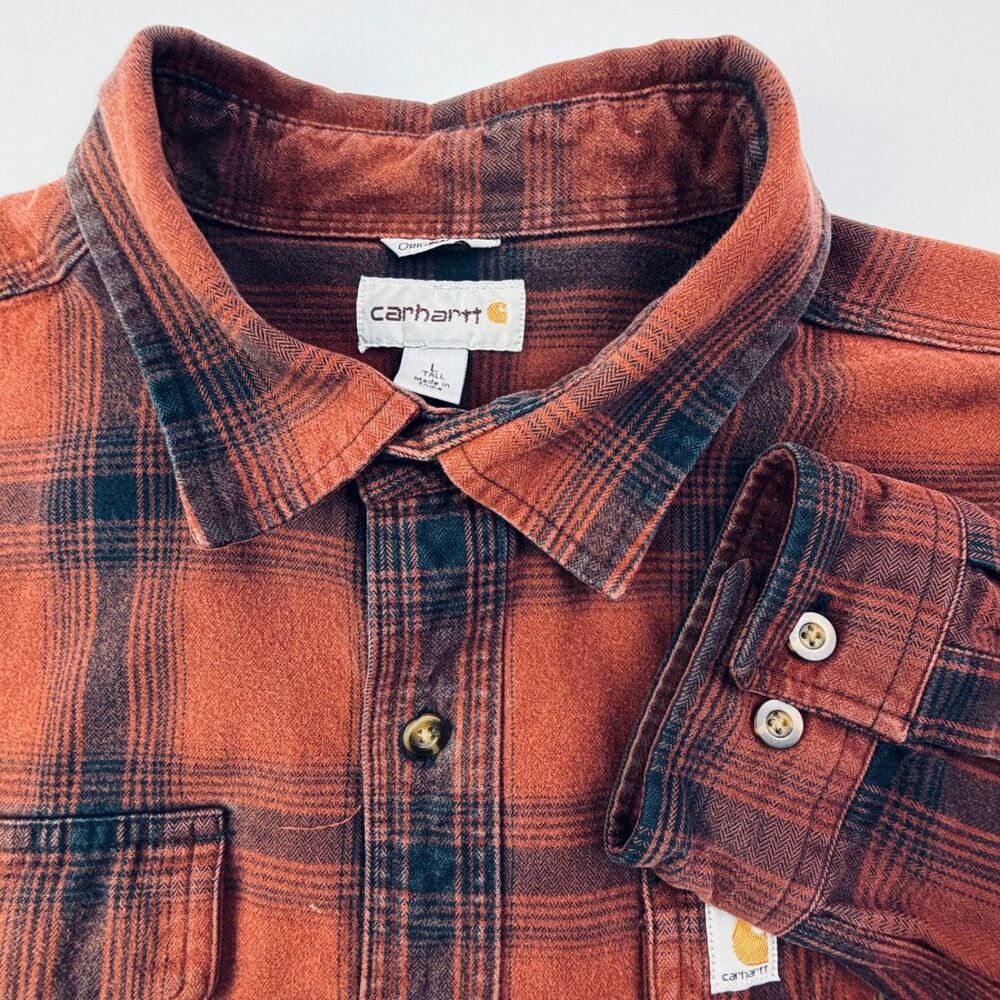 Carhartt Rust Plaid Heavyweight Flannel Shirt Large Tall - Picture 1 of 10